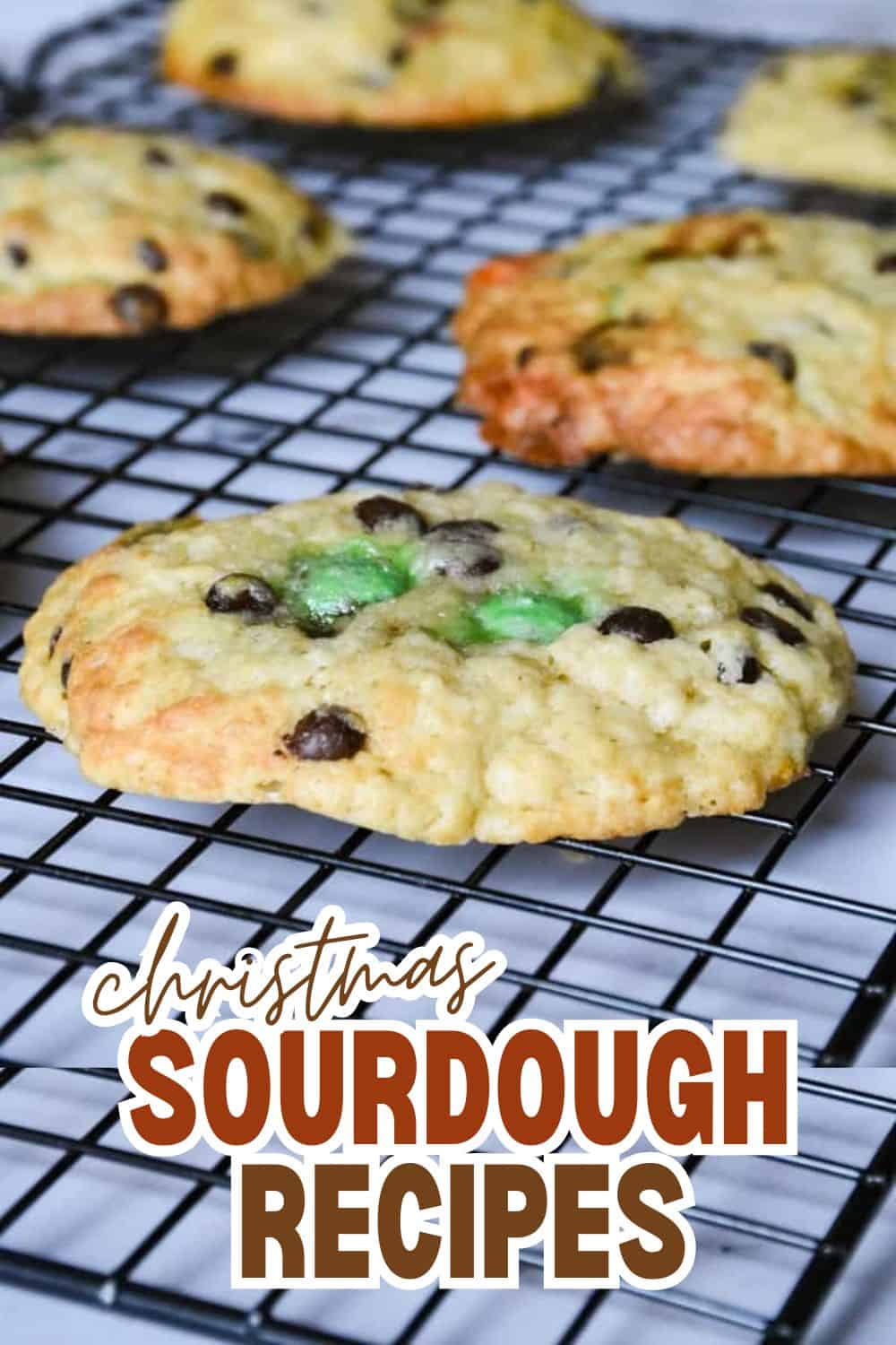 Close-up of Christmas-themed sourdough cookies on a cooling rack.