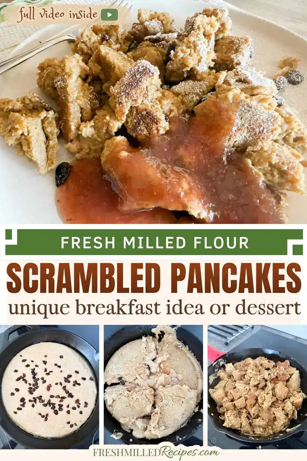 Close-up of freshly made scrambled pancakes with syrup and powdered sugar.