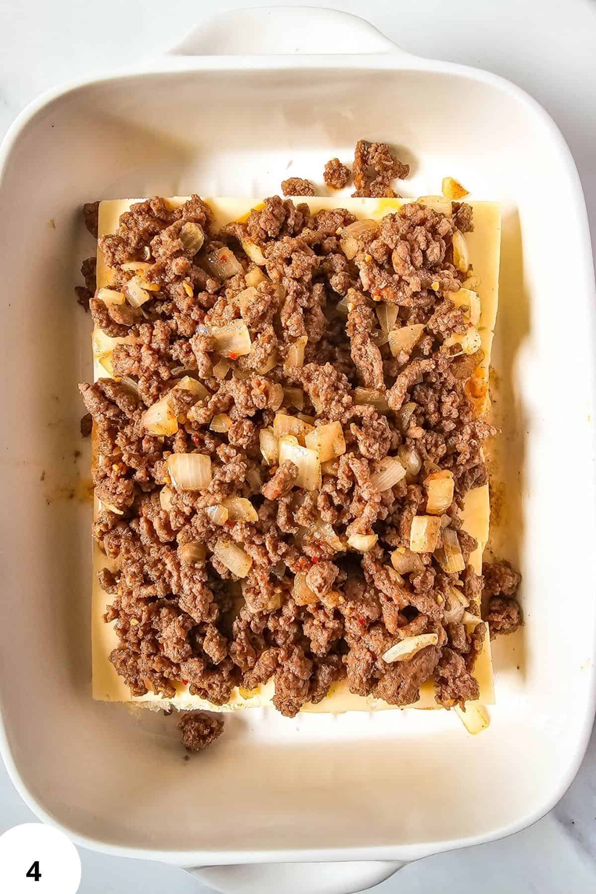 A savory beef and onion mixture for baking or stuffing dishes, perfect for homemade savory recipes.