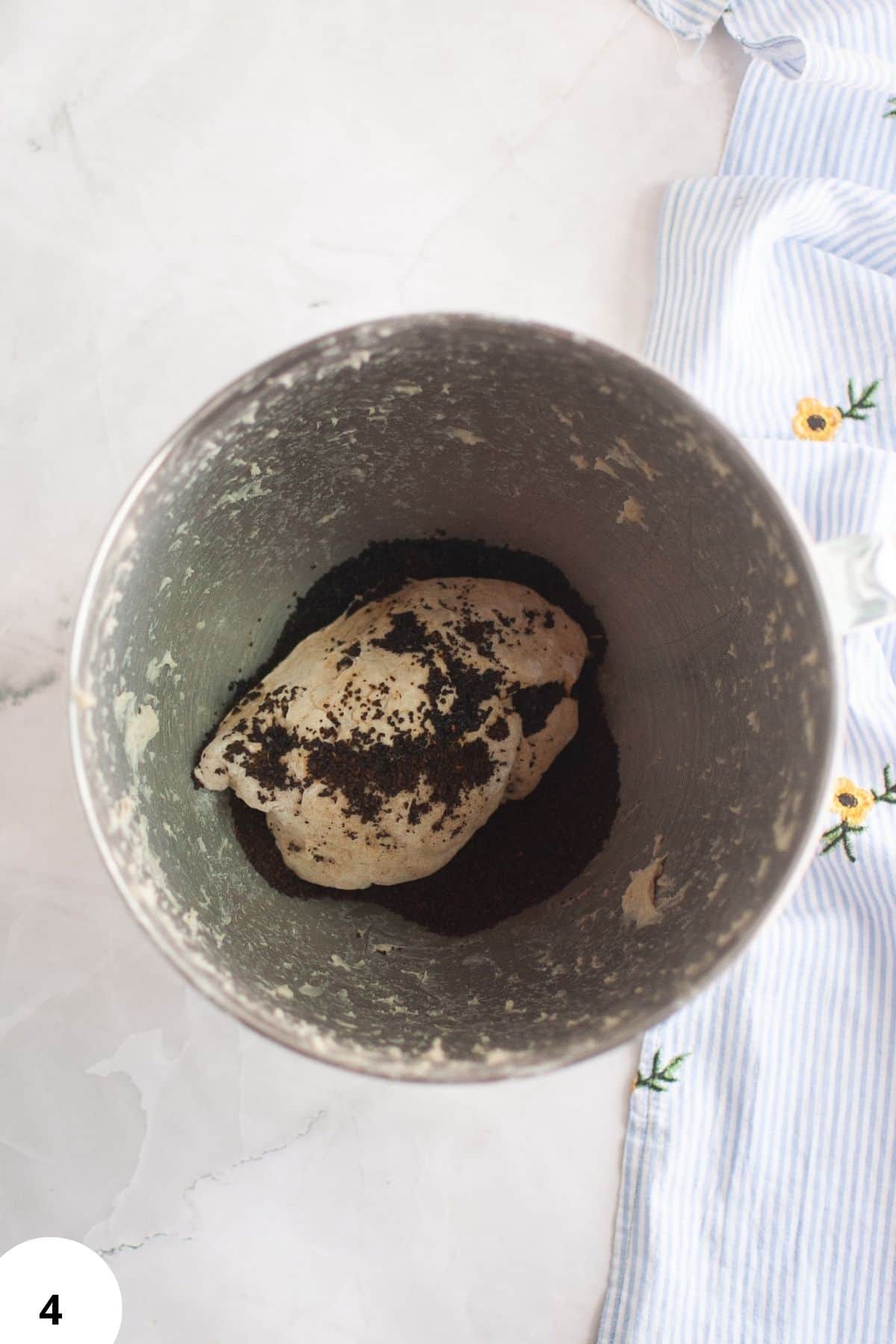Bread dough with stretch and folds to develop gluten structure.