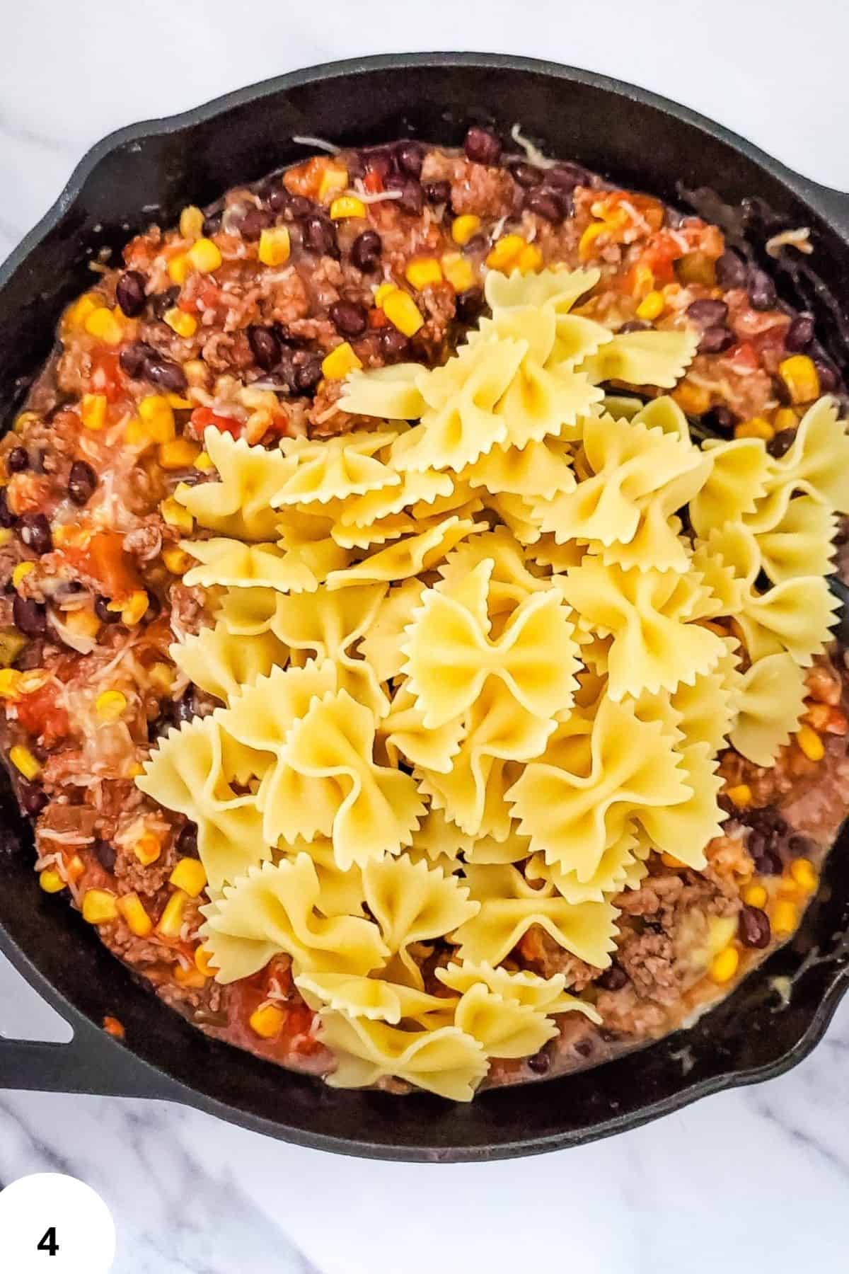 Cast Iron Pasta Dish with Ground Beef and Vegetables.