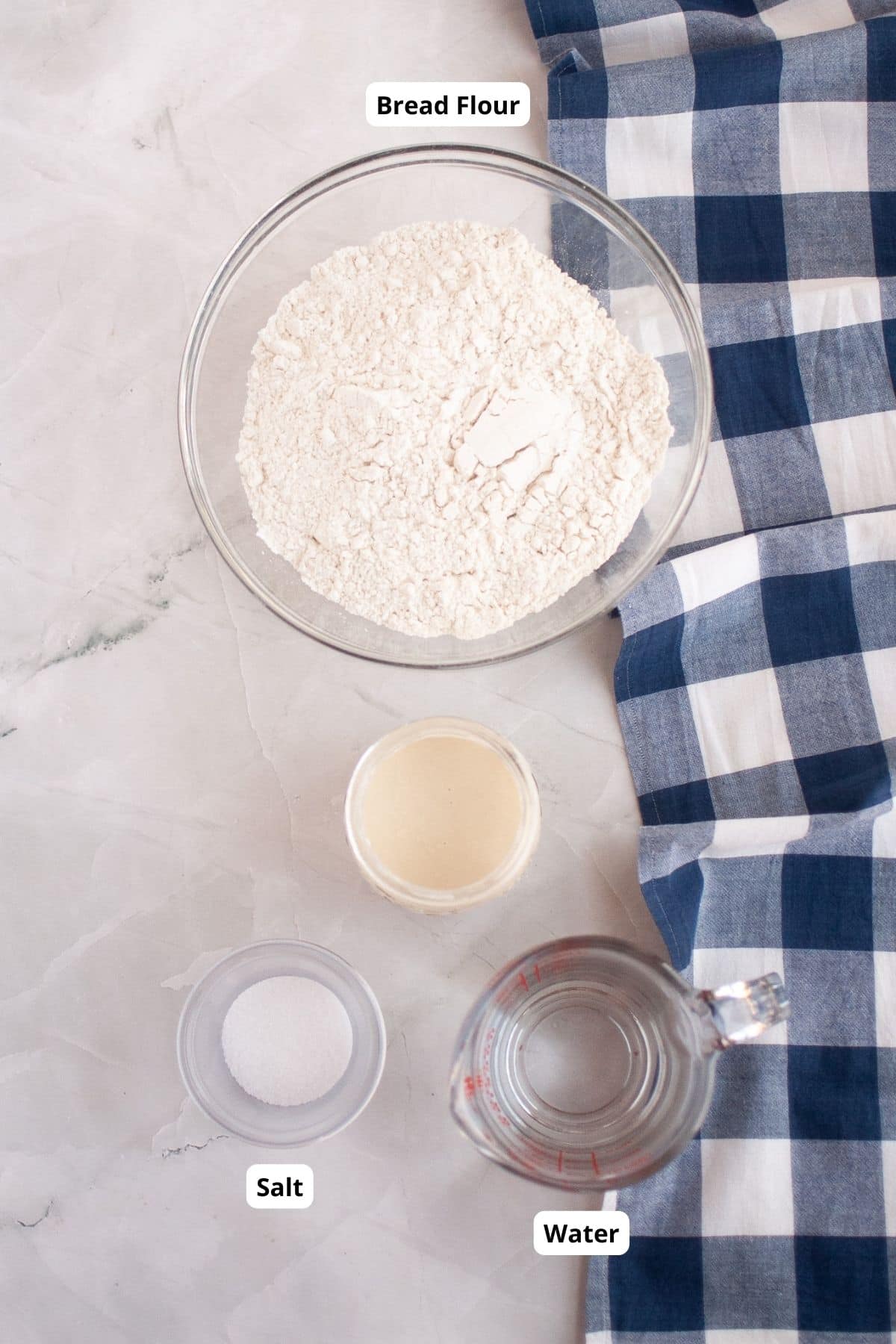 Images show flour, water, salt, and mixing bowl for bread making.