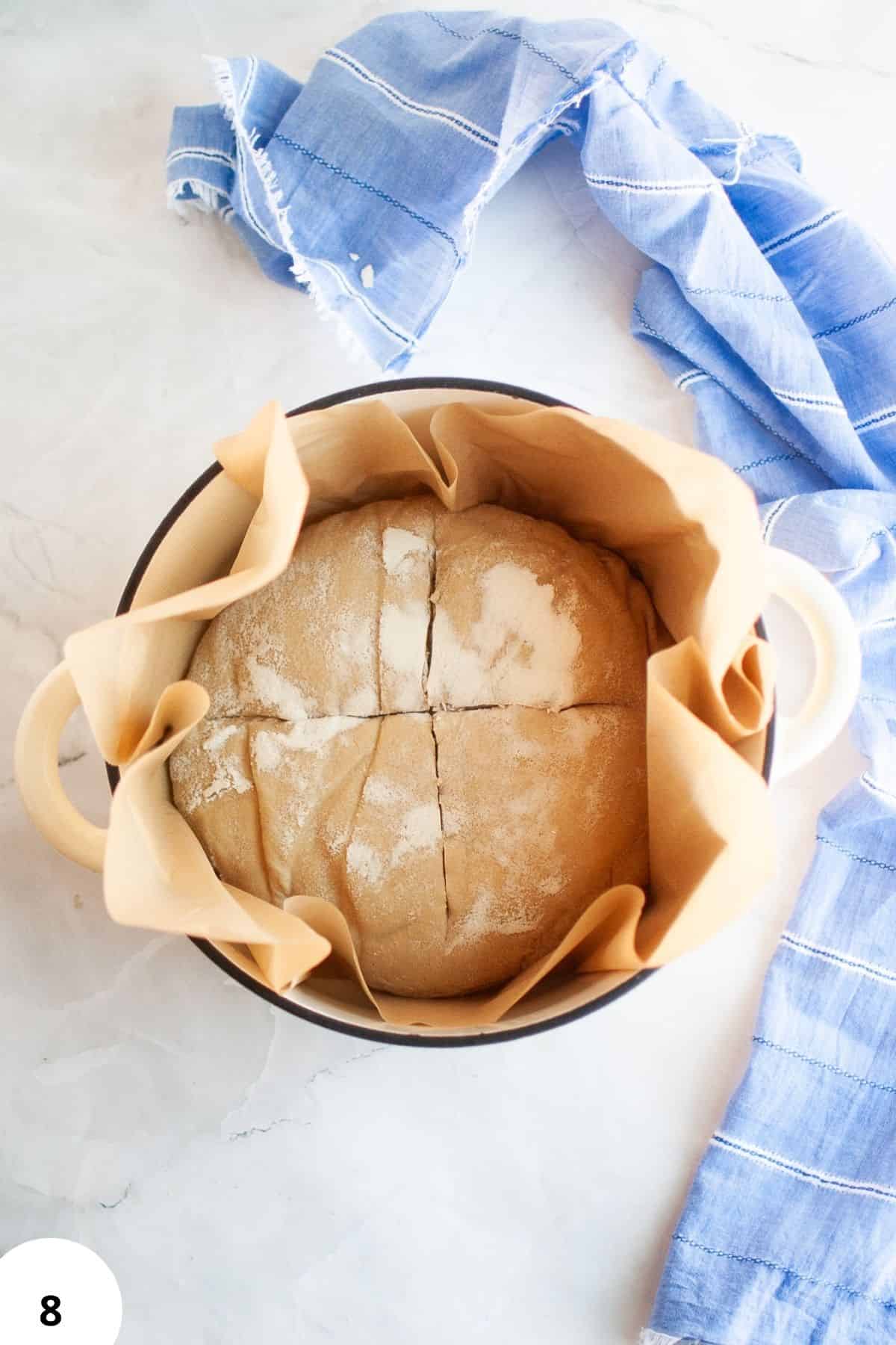 Bread dough with stretch and folds method, proofing in a ceramic pot wrapped with parchment paper.
