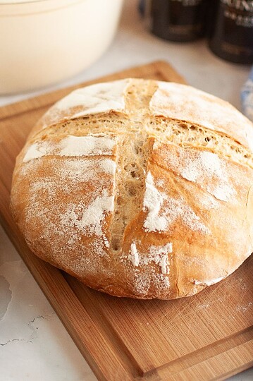 Fresh baked bread emphasizing stretch and folds baking technique for perfect crust.