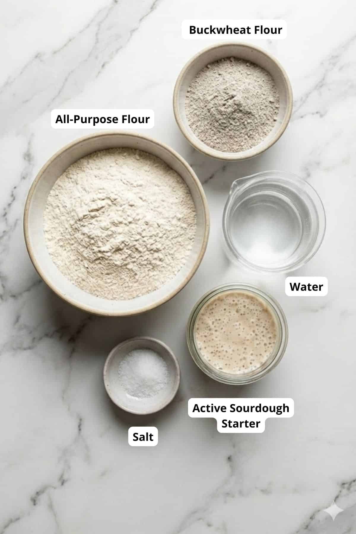 Buckwheat flour, all-purpose flour, water, salt, and sourdough starter for bread.