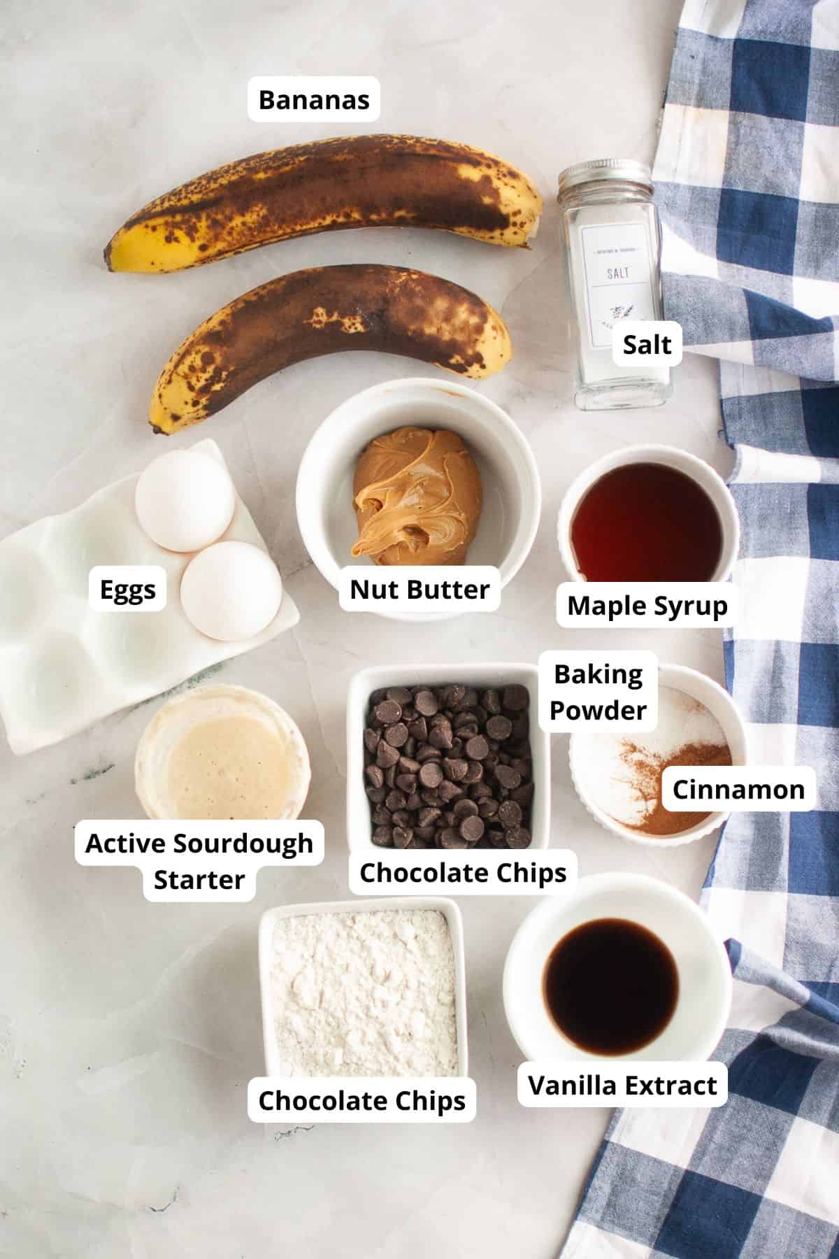 Ingredients for sourdough banana muffins with chocolate chips and spices.