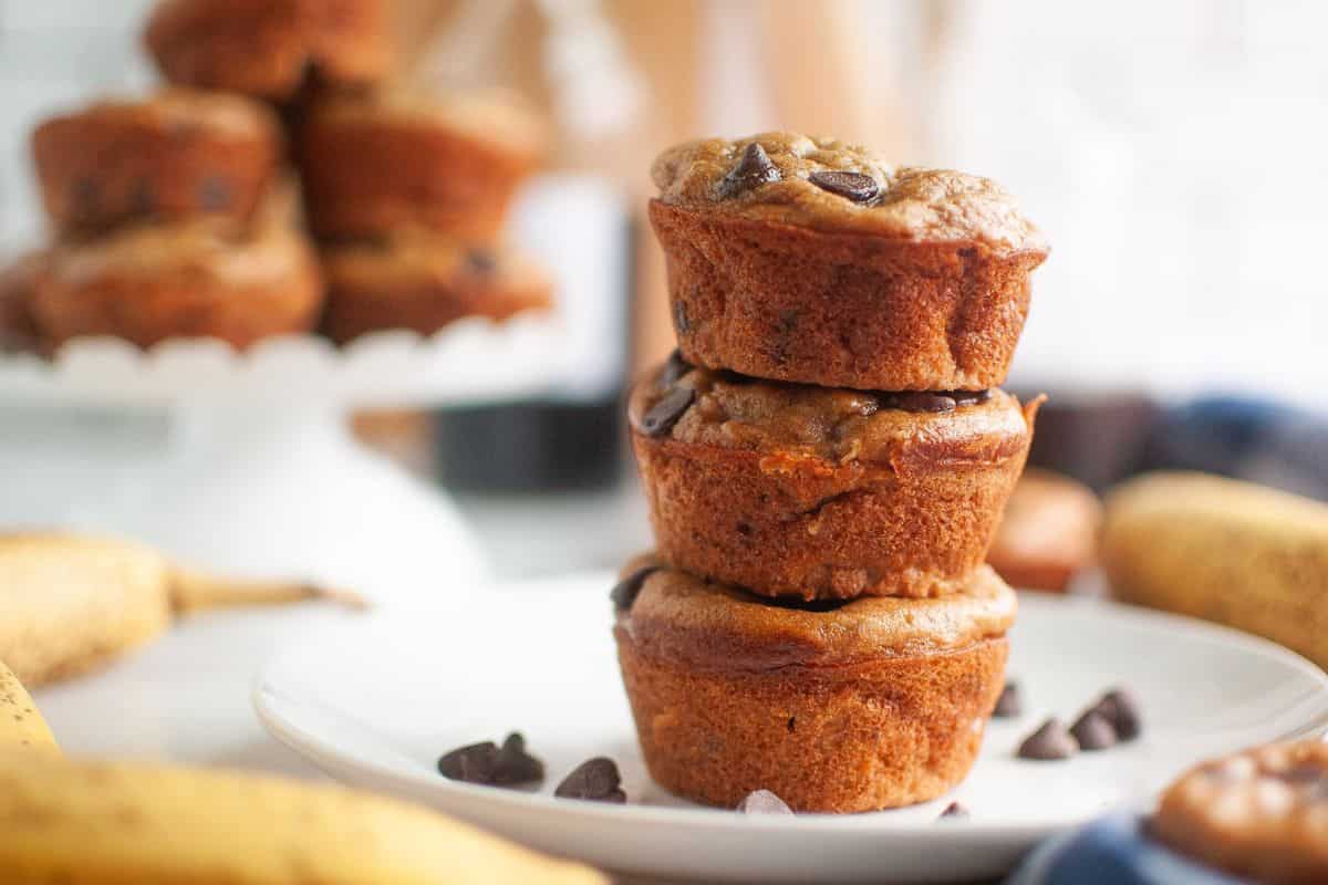 Delicious sourdough banana muffins topped with chocolate chips, perfect for breakfast or snacks.