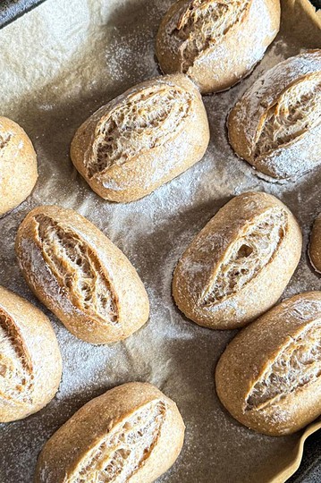 Delicious sourdough spelt rolls made using stretch and fold technique. Perfect for healthy bread bak.