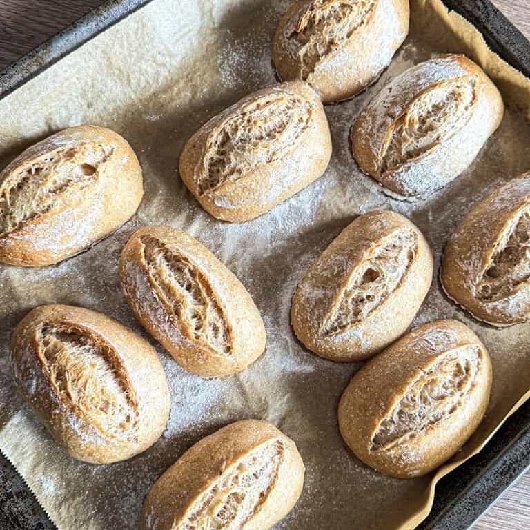 Delicious sourdough spelt rolls made using stretch and fold technique. Perfect for healthy bread bak.