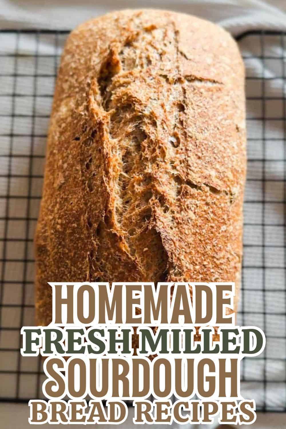 Freshly baked homemade sourdough bread on cooling rack.