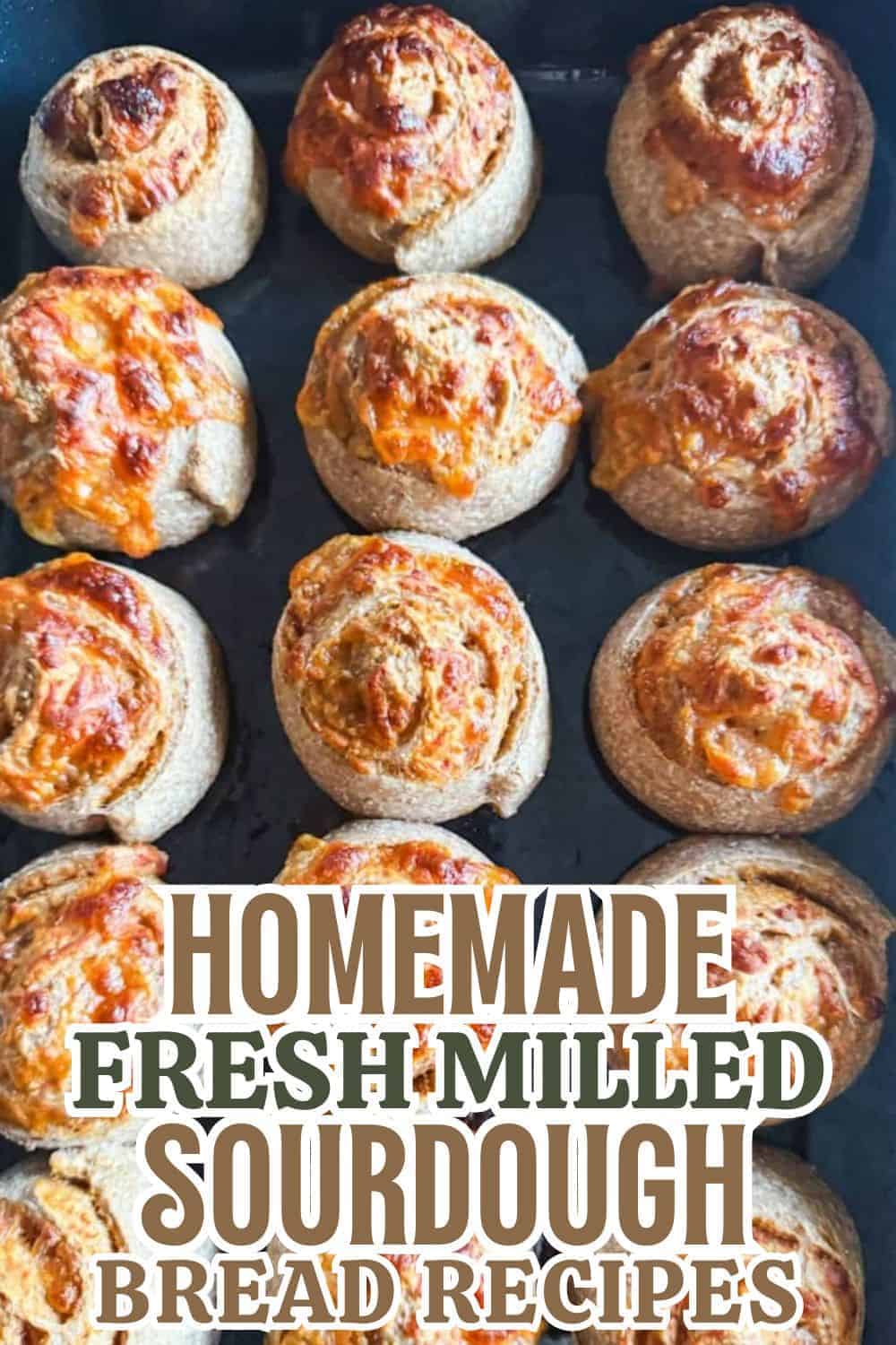 Freshly baked sourdough bread rolls with a golden crust, homemade and freshly milled.
