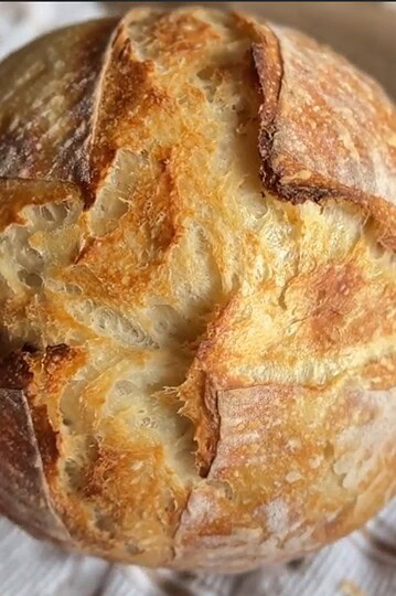 Fresh sourdough bread with a golden crust, showcasing stretch and fold technique.