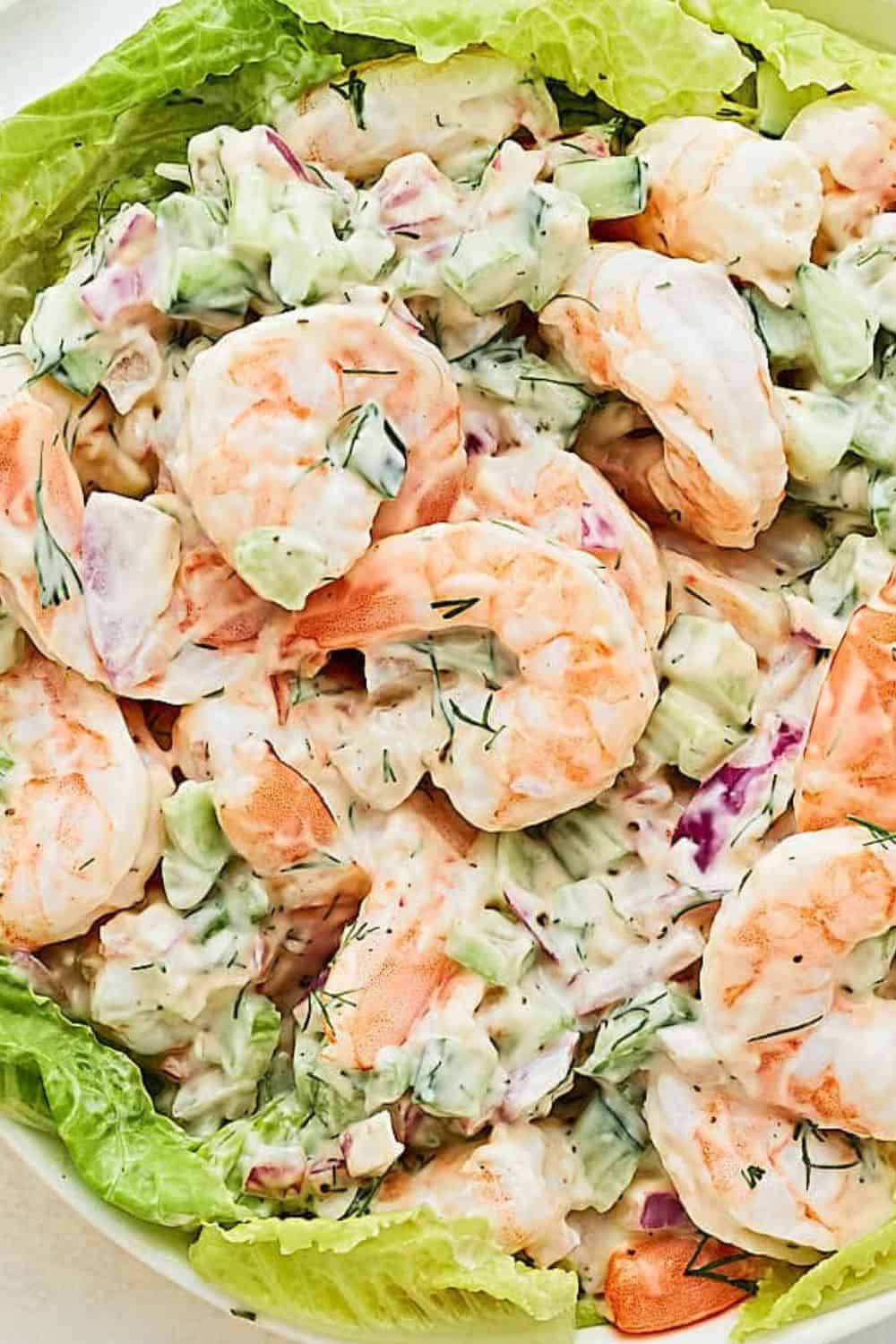 Shrimp salad with vegetables and creamy dressing, served on lettuce.