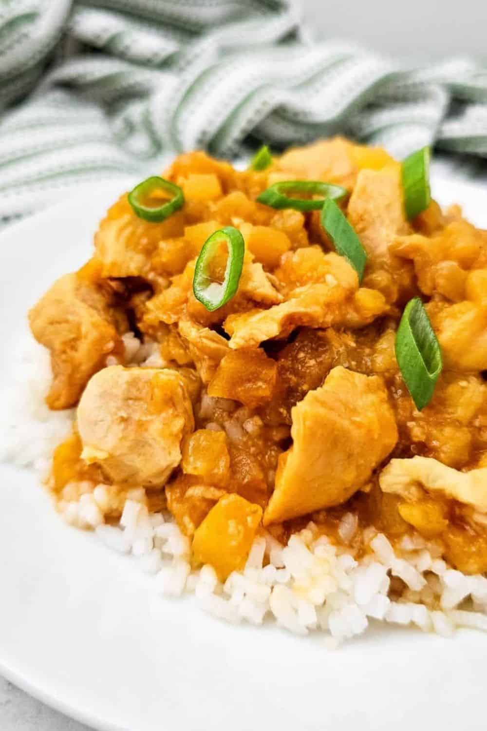 Delicious chicken curry served over rice, garnished with green onions.