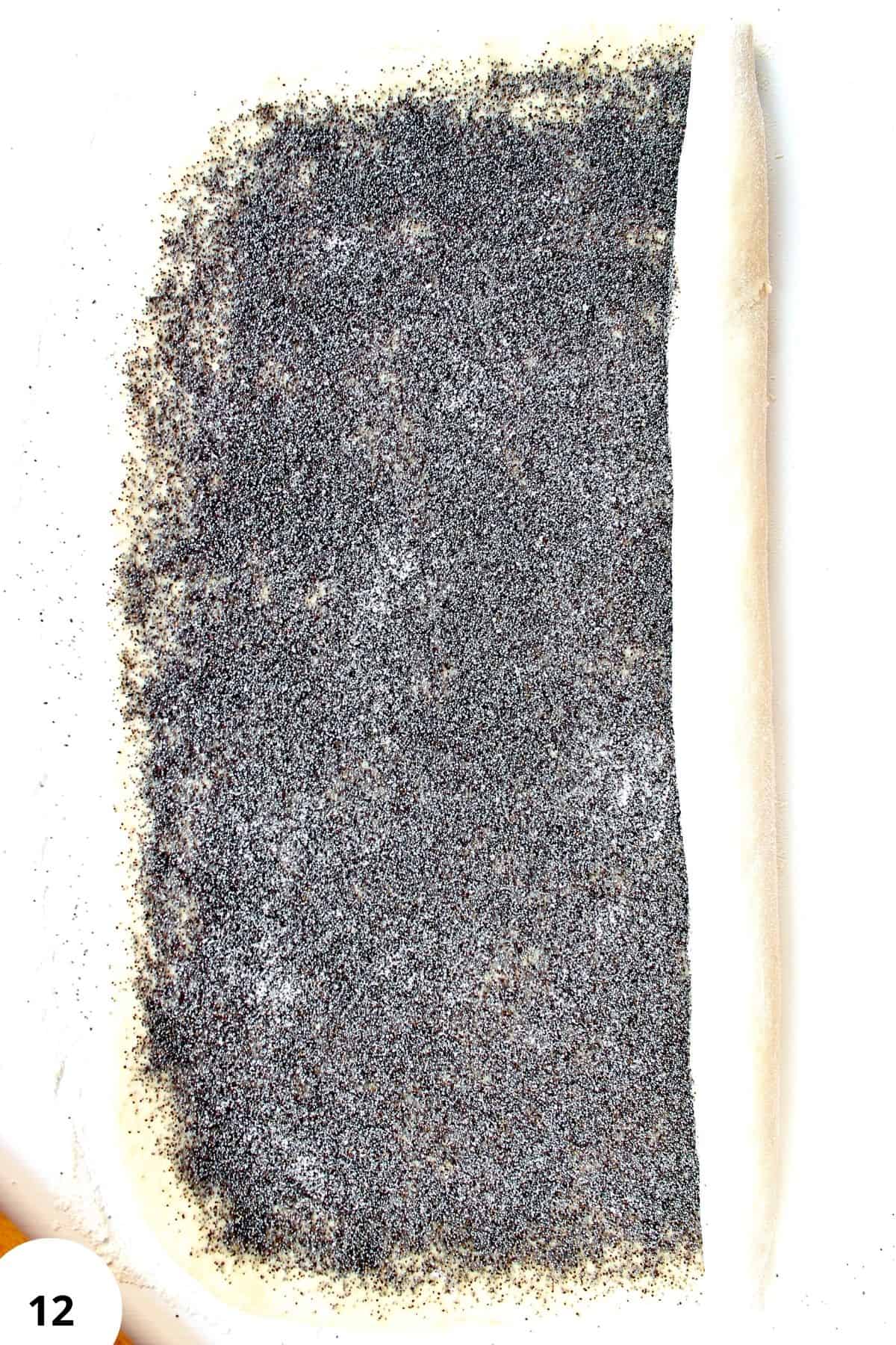 Sourdough bread dough during stretch and fold process with poppy seeds.