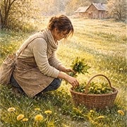 Woman harvesting fresh herbs in a sunny garden for baking bread.