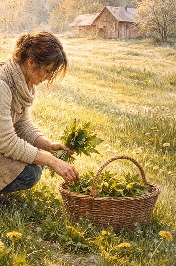 Woman harvesting fresh herbs in a sunny garden for baking bread.