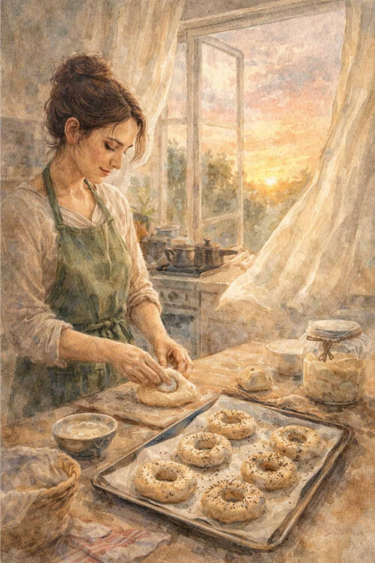 Woman performing stretch and folds on bread dough in a cozy kitchen.