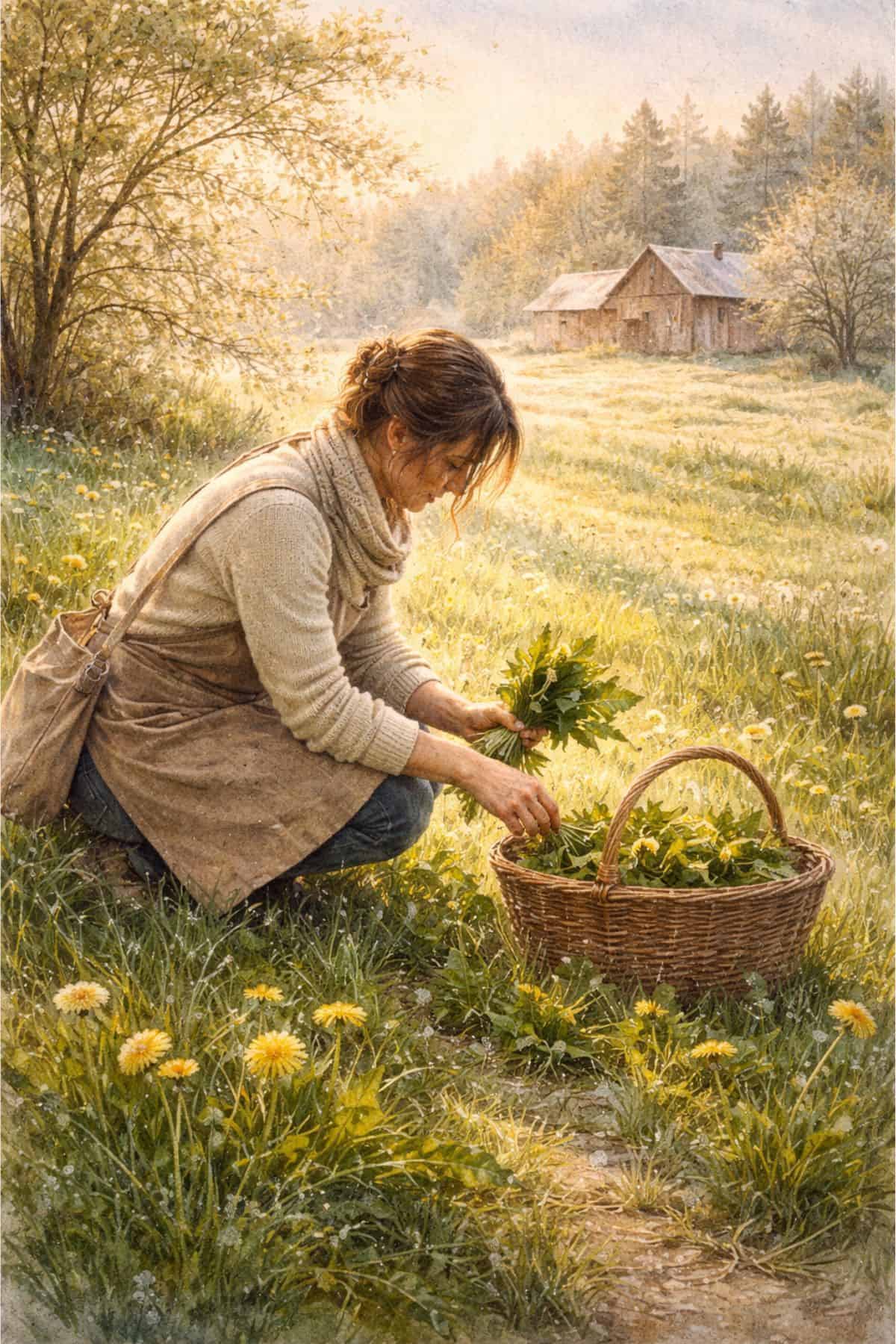 Woman harvesting greens in a sunny field for homemade bread.