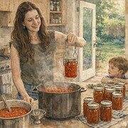 Close-up of woman holding jar of tomato sauce over pot in kitchen.