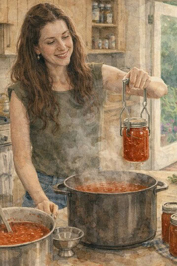 Close-up of woman holding jar of tomato sauce over pot in kitchen.