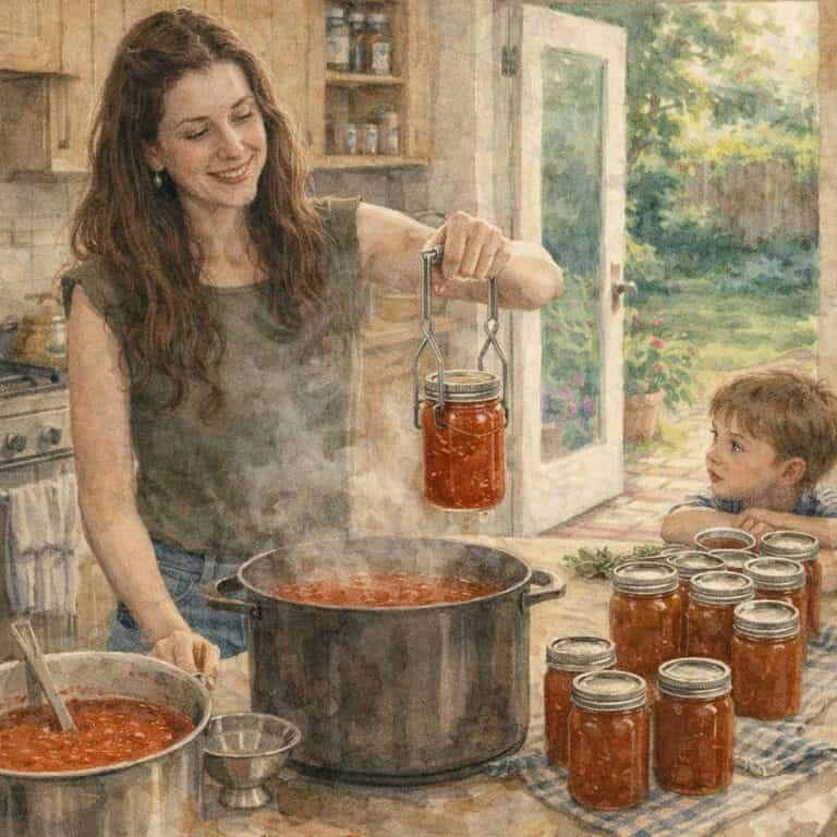 Close-up of woman holding jar of tomato sauce over pot in kitchen.