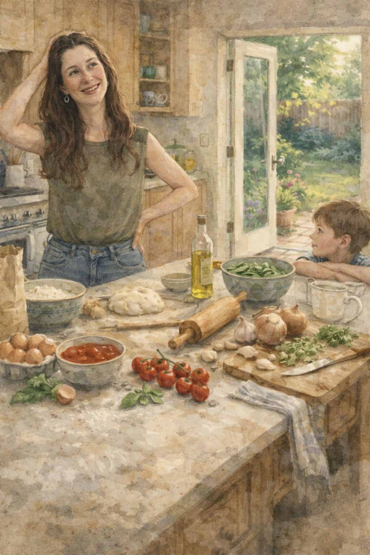 Homemade bread dough rising on a kitchen counter with fresh vegetables and herbs nearby.
