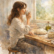 Woman drinking coffee in a cozy kitchen with bread and ingredients.