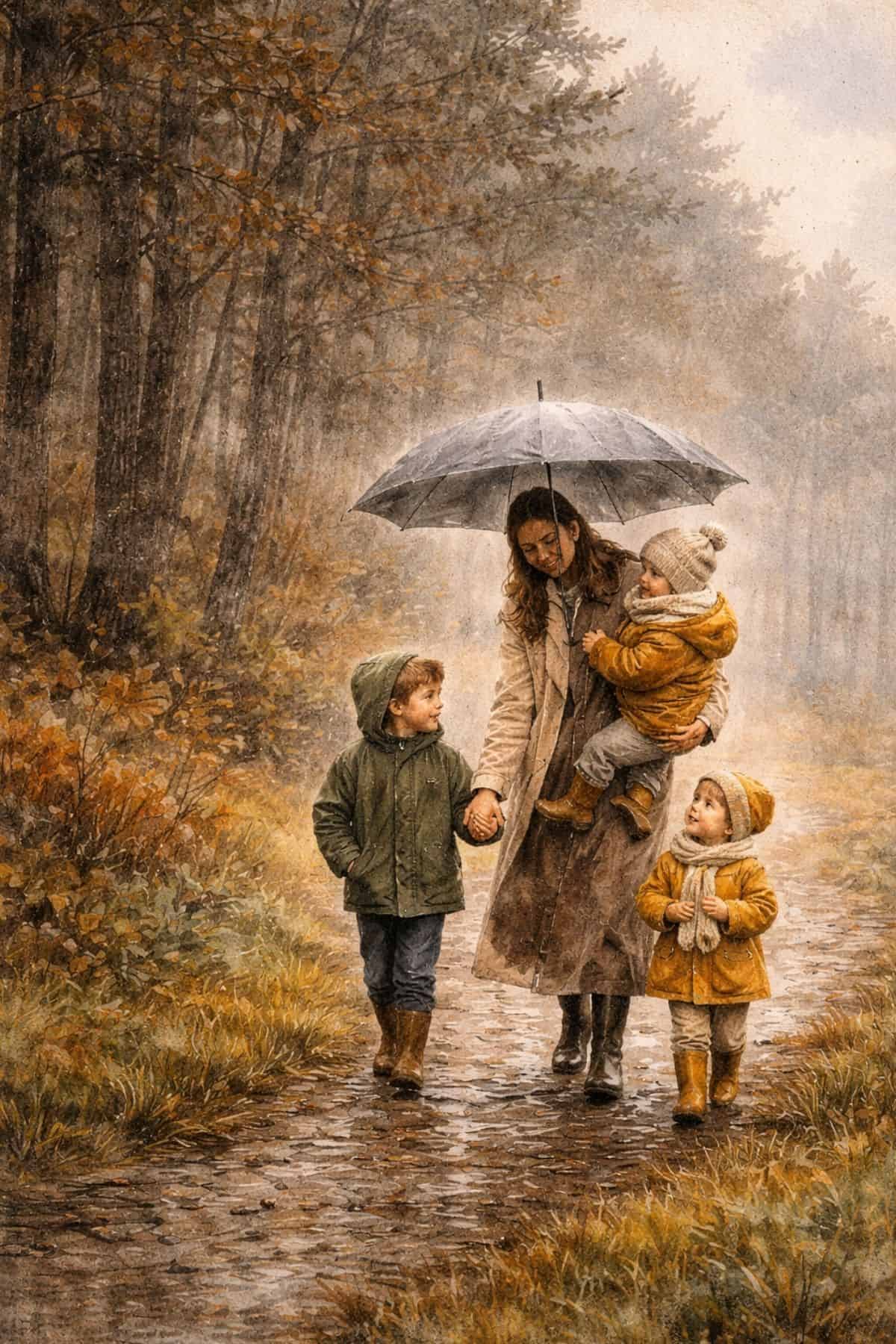 Woman walking with children under umbrella in autumn forest scene.