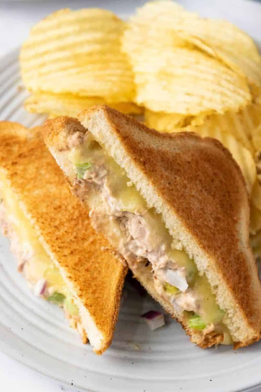 Close-up of a toasted tuna melt sandwich with melted cheese and celery.