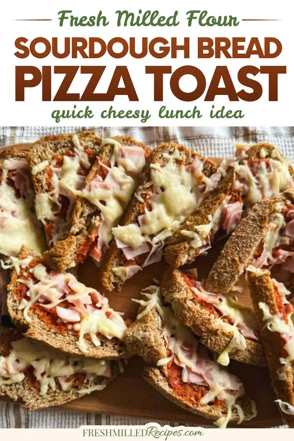Crispy sourdough pizza toast topped with melted cheese and ham, showcasing fresh milled flour for a flavorful, homemade snack.