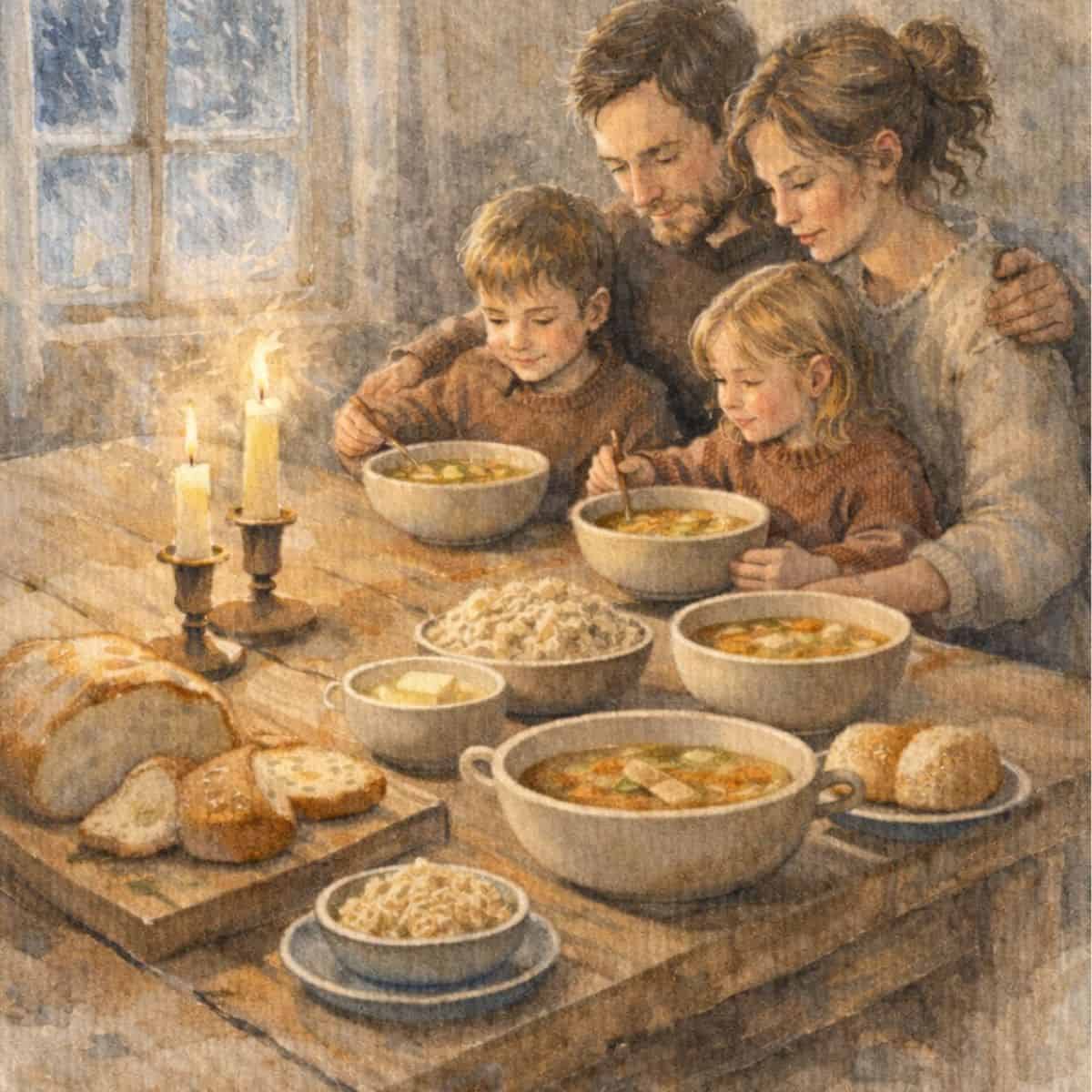 Family enjoying homemade soup dinner with bread at a cozy table.