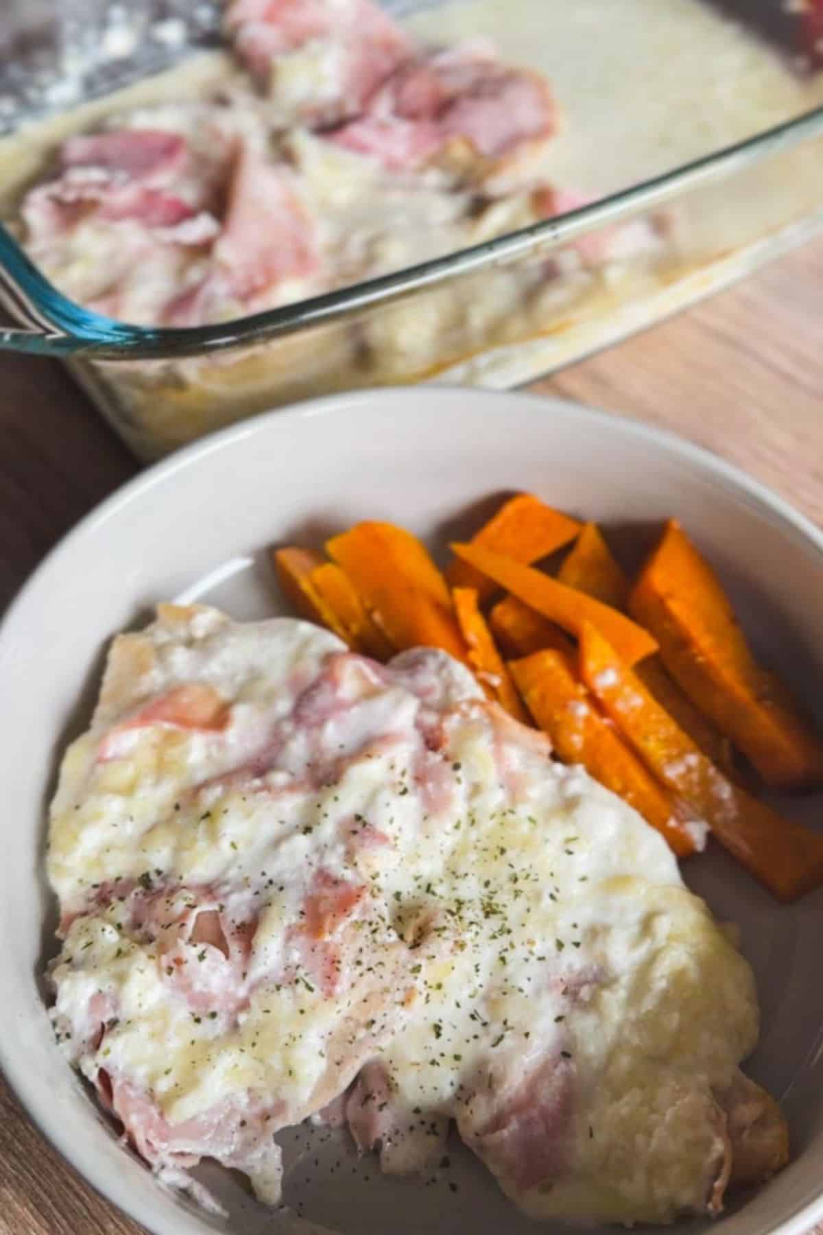 Chicken casserole with sweet potatoes and melted cheese, ready to serve.