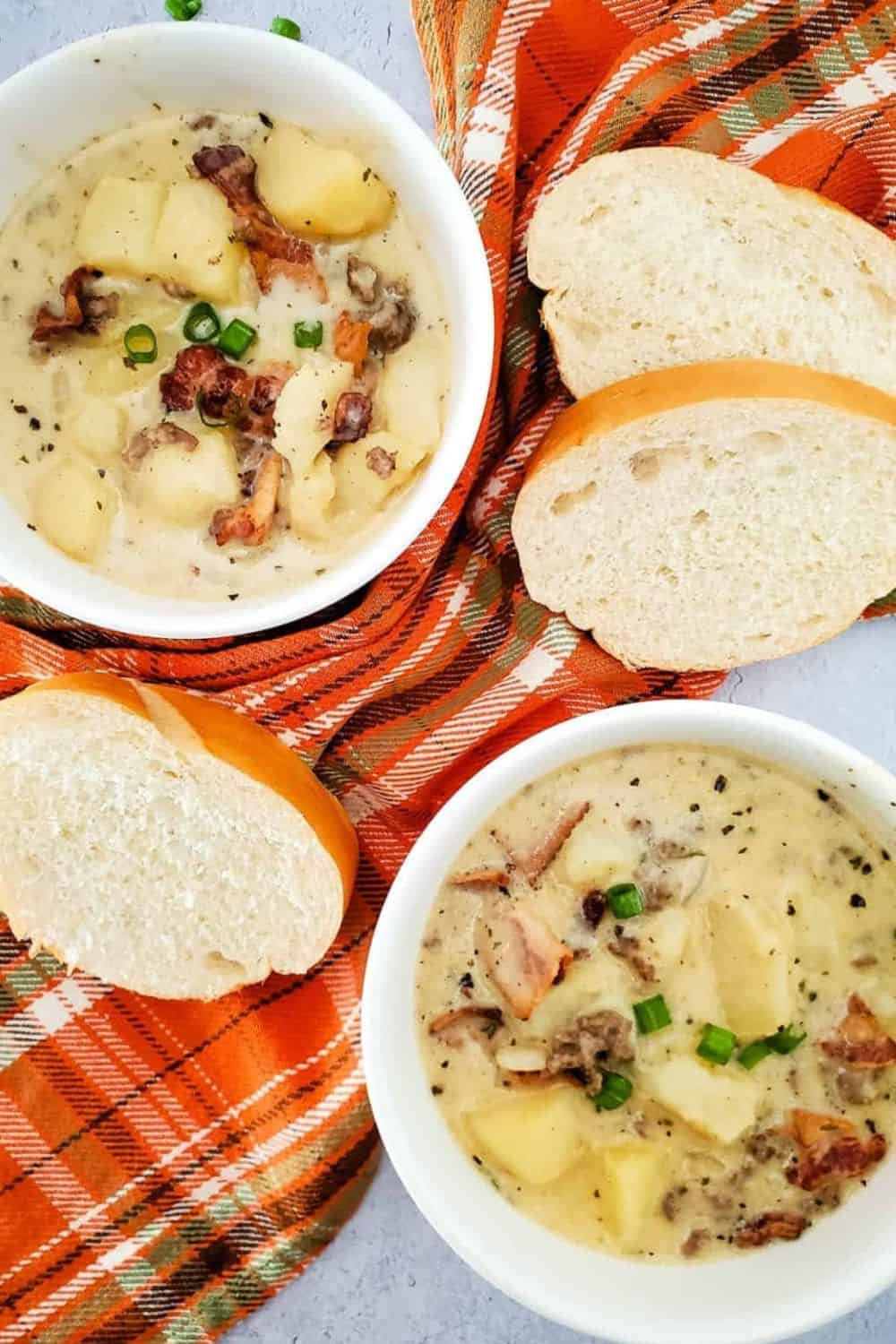 Ground beef and potato soup with bacon and green onions.