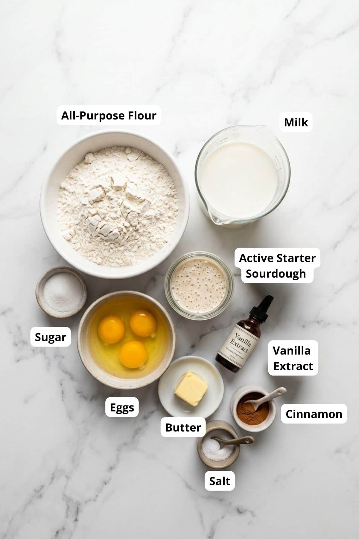 Sourdough Palatschinken ingredients with flour, milk, eggs, butter, sugar, vanilla, salt, cinnamon,.