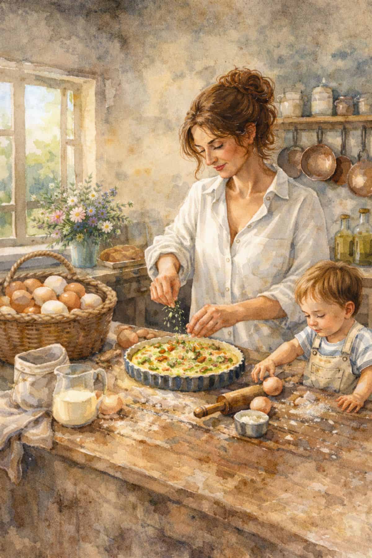 Woman and child preparing homemade pizza in rustic kitchen.