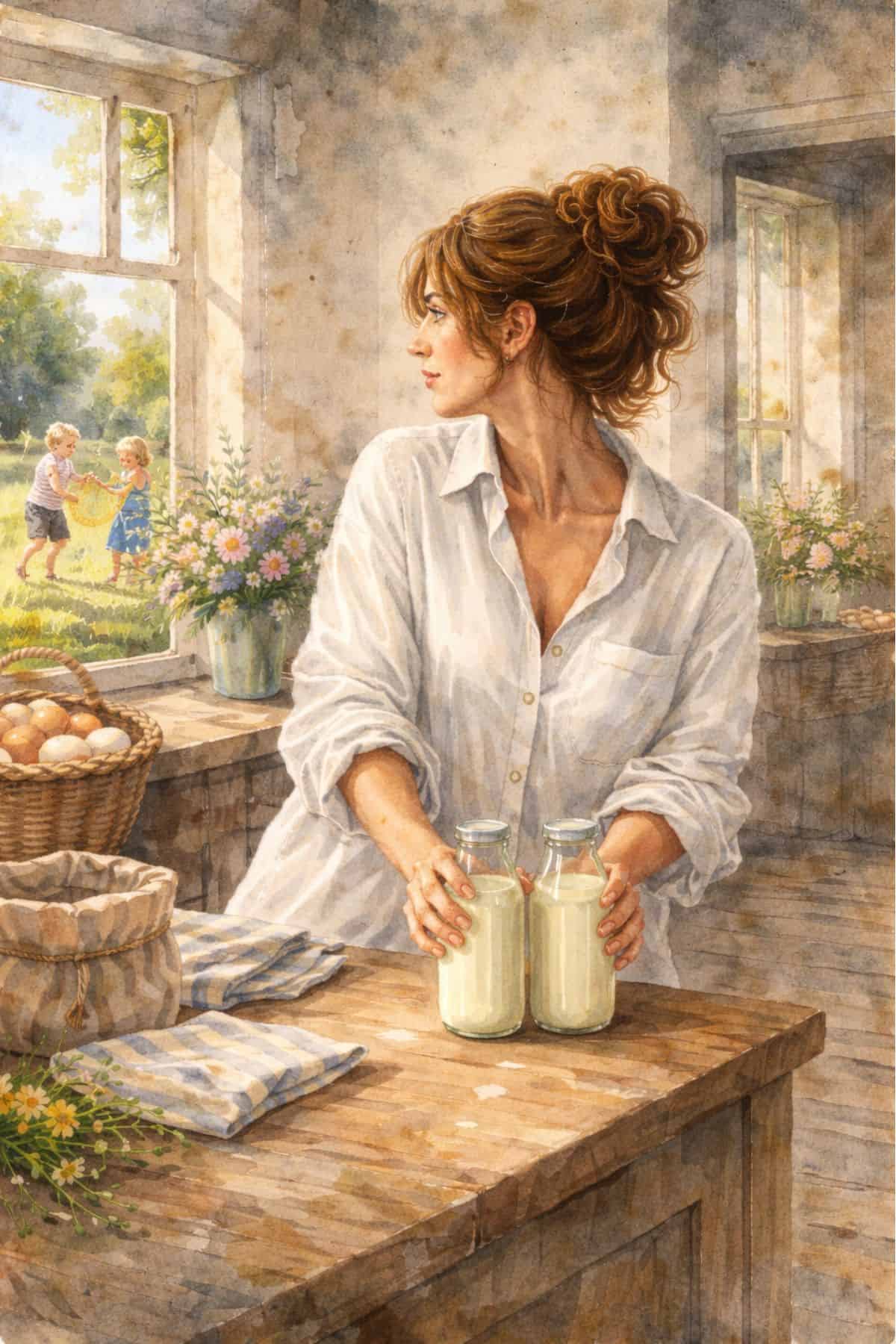 Close-up of a woman holding jars of dough in a cozy kitchen setting.