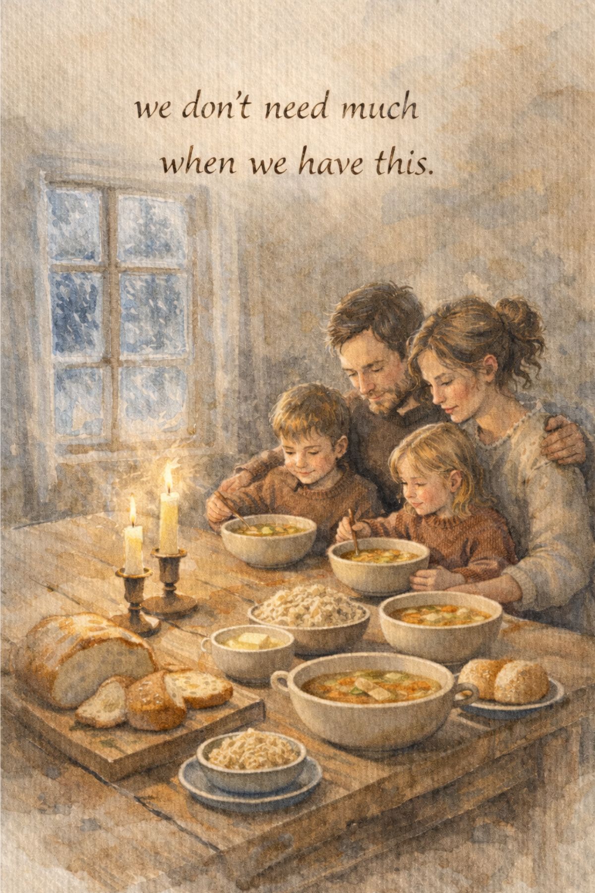 Family enjoying homemade bread and soup at a cozy dinner table.