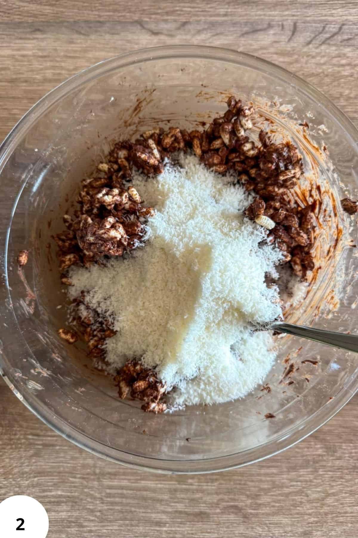 Dough mixture with flour and chocolate for stretch and fold technique.
