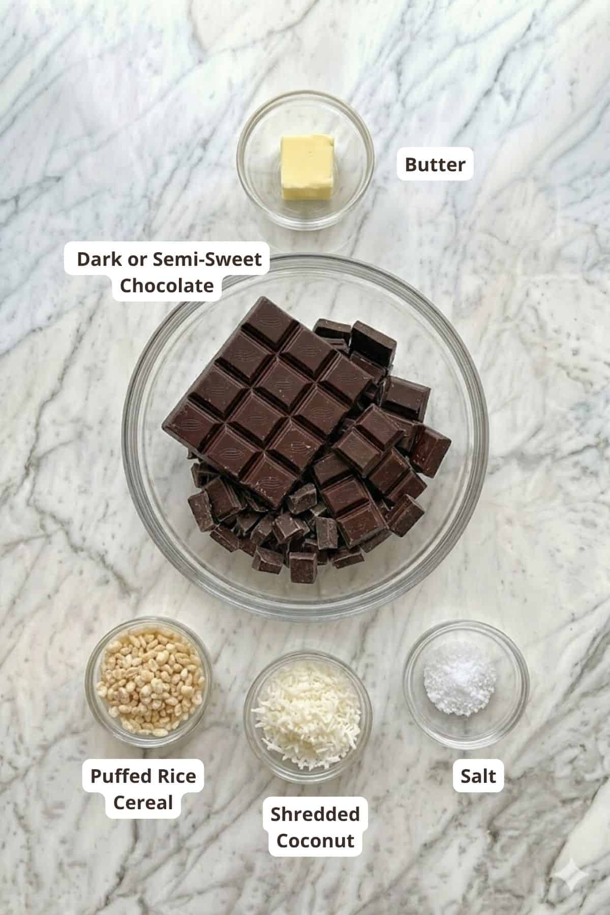 Dark or semi-sweet chocolate, butter, puffed rice cereal, shredded coconut, and salt.