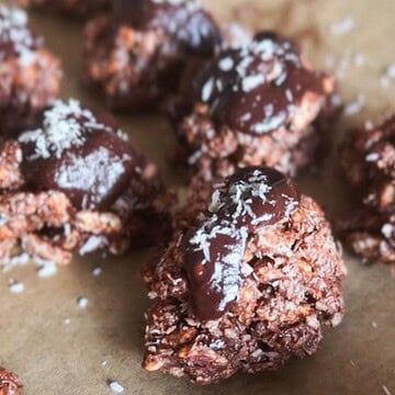 Delicious chocolate coconut energy bites with a rich, chewy texture and coconut topping.