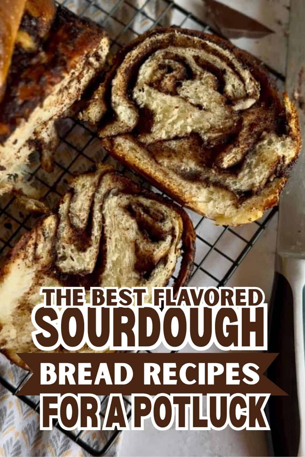 Sourdough bread with a swirl pattern on a cooling rack.