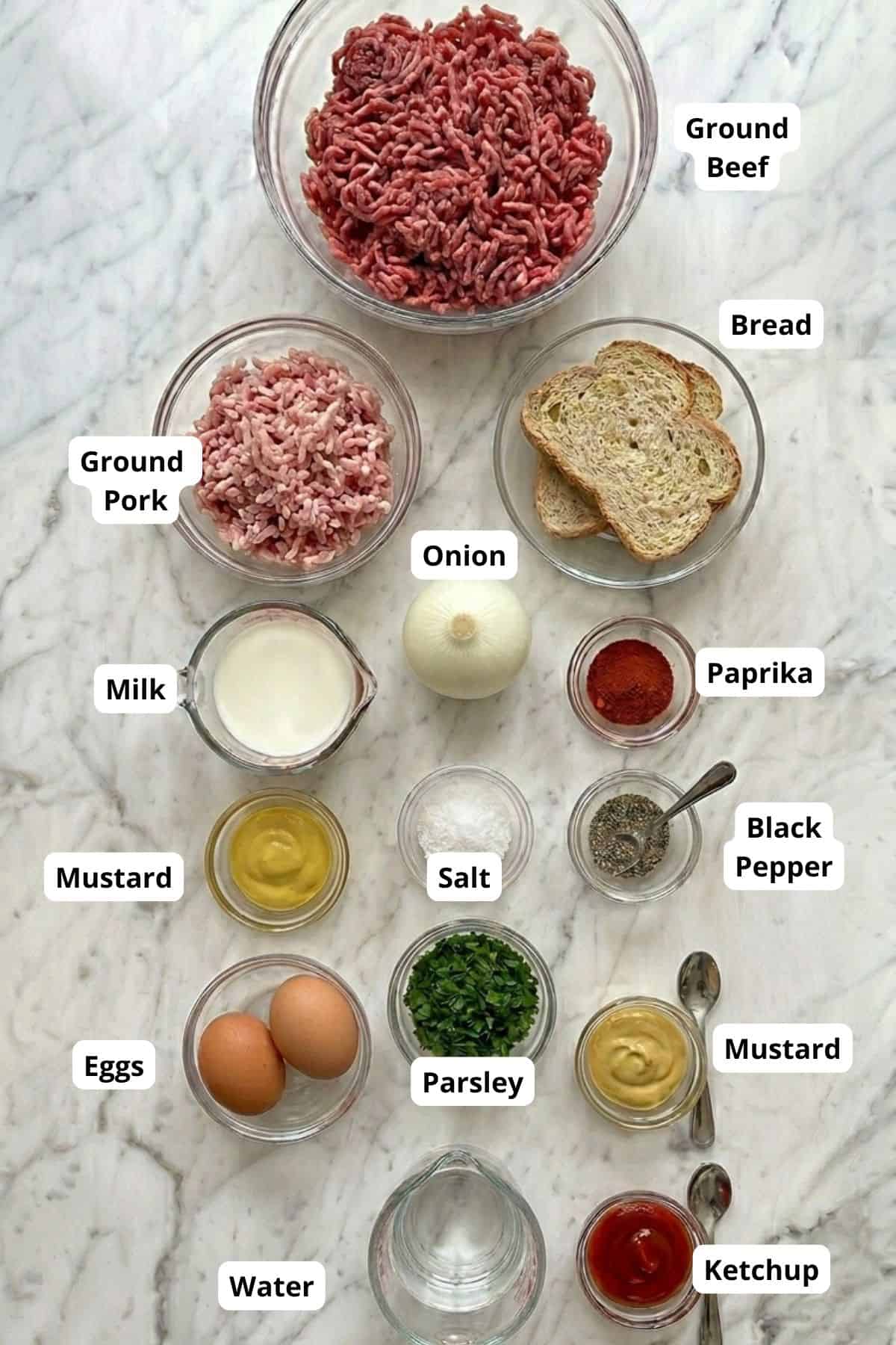 Ingredients for German Hackbraten including beef, pork, bread, and spices.