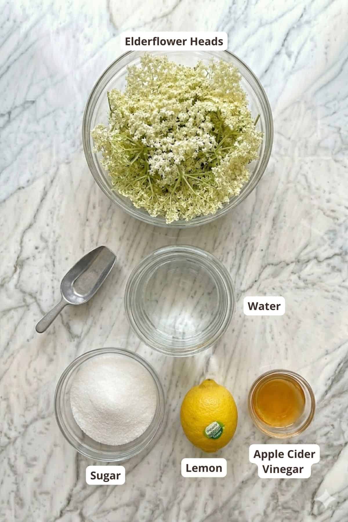 Elderflower heads, water, sugar, lemon, and apple cider vinegar for floral fermentation.