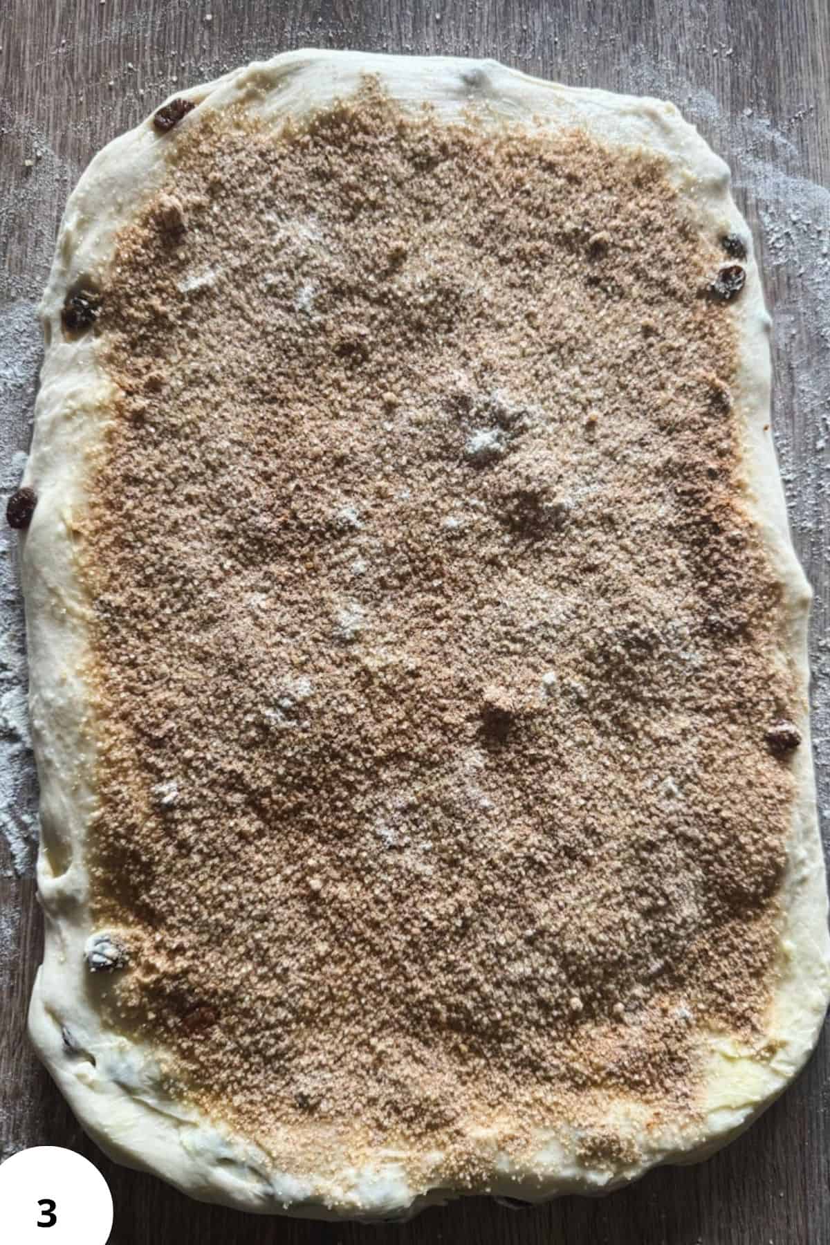 Unbaked bread dough with stretch and folds technique, sprinkled with flour and grains.