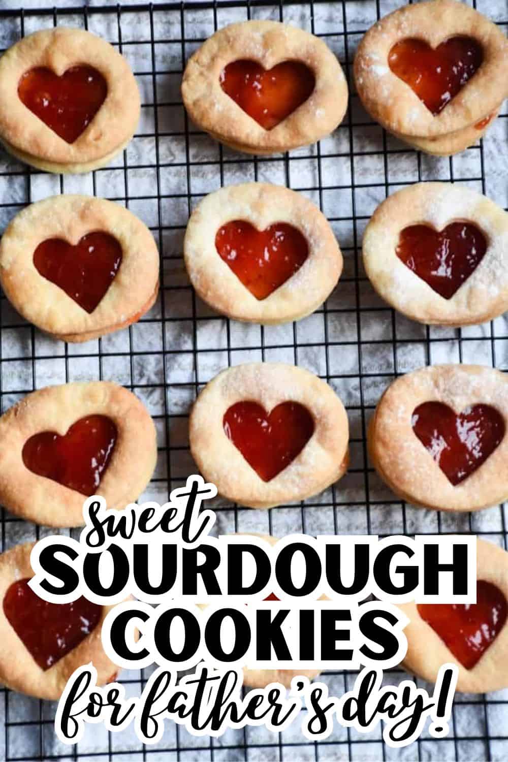 Heart-shaped sourdough cookies filled with jam, perfect for Father's Day treats.