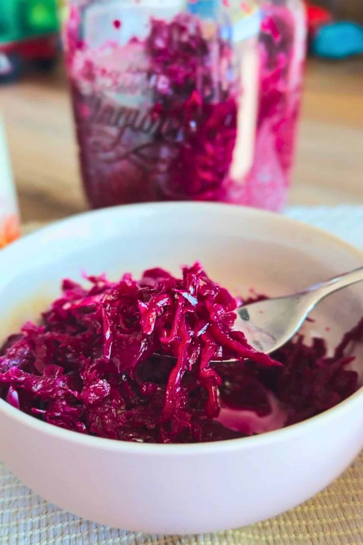 Fermented cabbage in a white bowl, illustrating the stretch and fold technique for bread dough ferme.