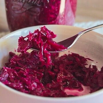 Steamed red cabbage used for bread dough preparation, vibrant and fresh.