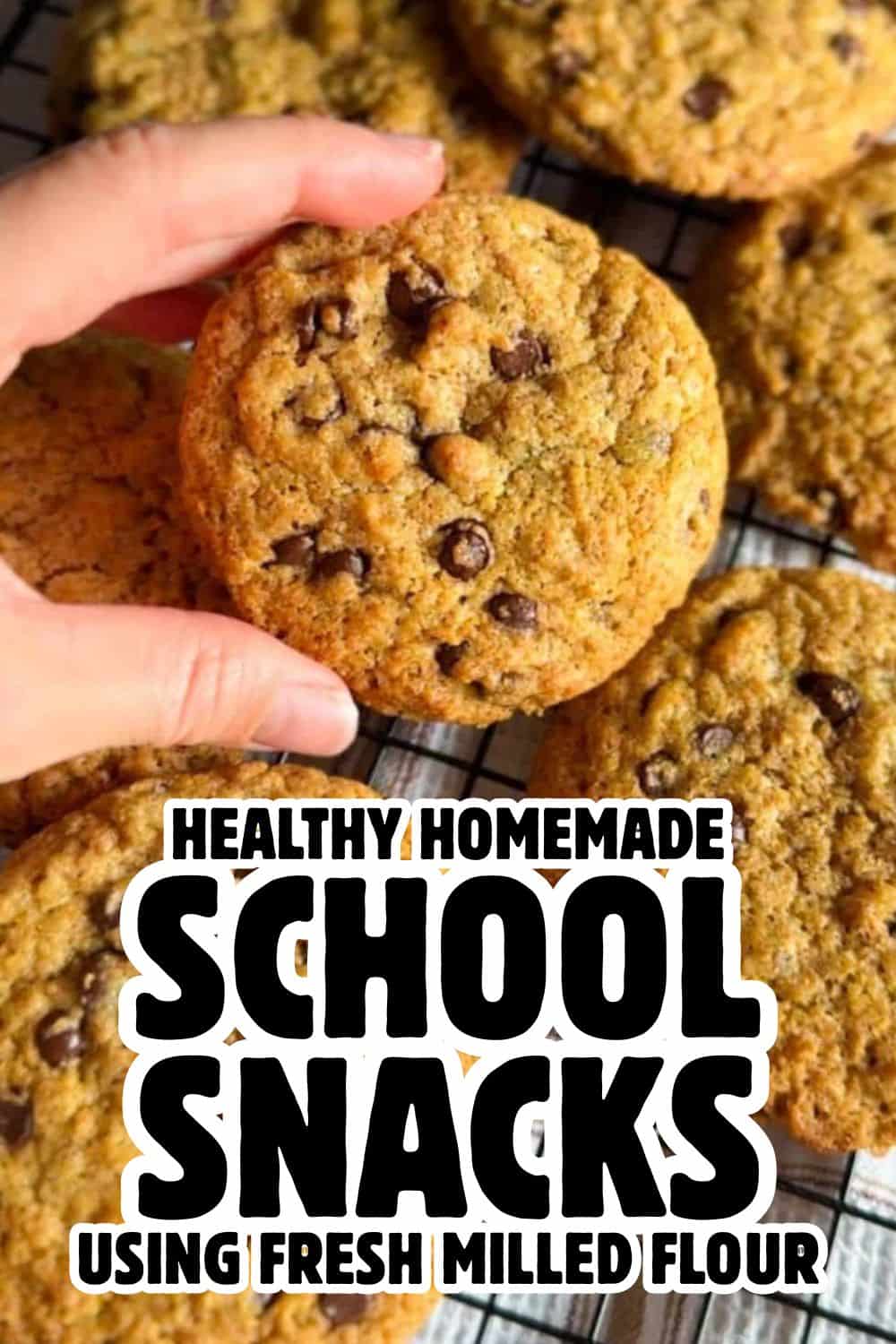 Homemade chocolate chip cookies made with fresh milled flour, perfect for healthy school snacks.