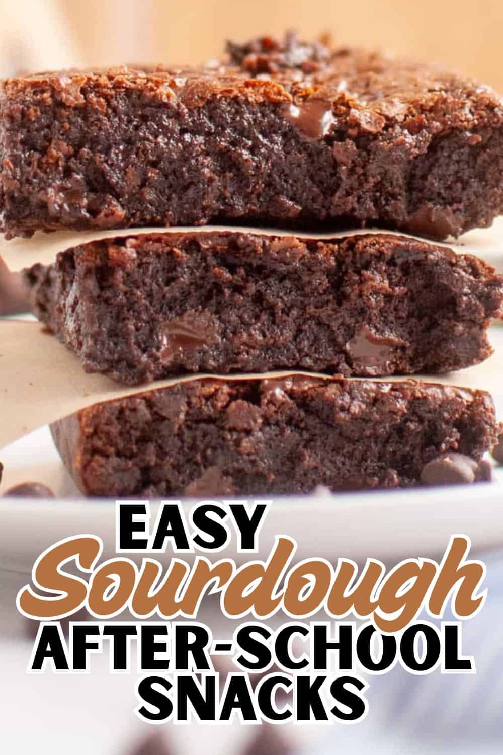 Close-up of rich, fudgy sourdough brownies with chocolate chunks, perfect for after-school snacks.